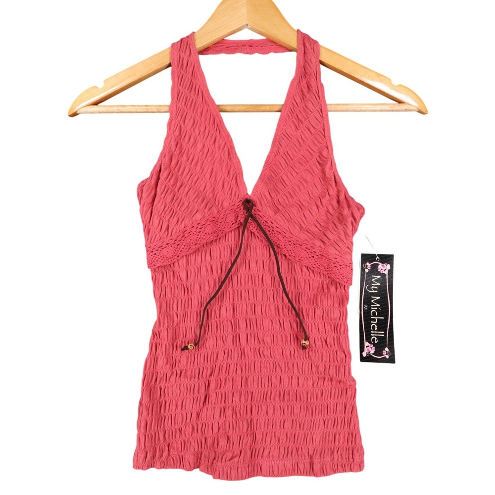 My Michelle Halter Top Womens Medium NWT Pink Cotton Smocked Y2K Boho
